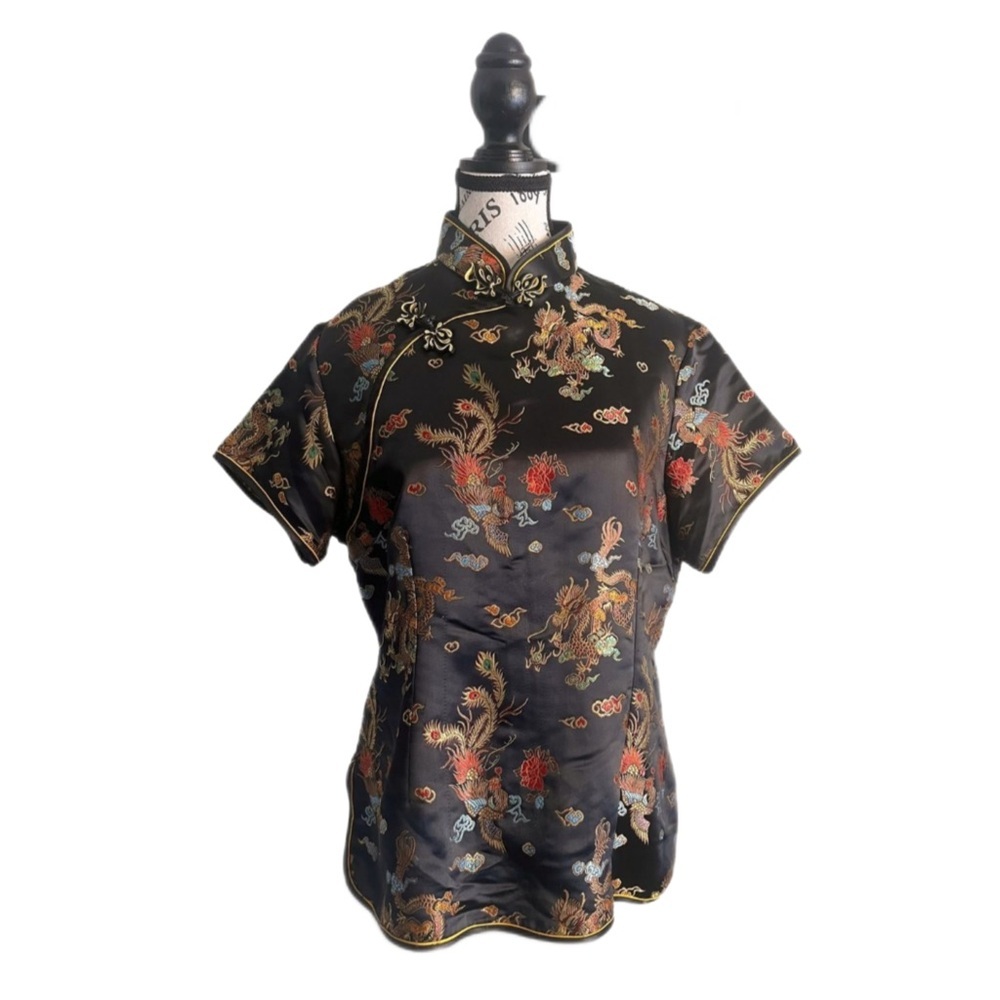 Y2K Black Dragon Phoenix Mao collar Top Cheongsam Goth Dark Asian Large